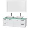 Amare 60 In. Double Bathroom Vanity in Glossy White, Green Glass Top, White Carrera Sinks, 58 In. Mirror