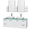Amare 60 In. Double Bathroom Vanity in Glossy White, Green Glass Top, White Carrera Sinks, Med Cabinet