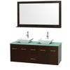Centra 60 In. Double Vanity in Espresso with Green Glass Top with White Porcelain Sinks and 58 In. Mirror