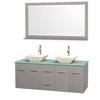 Centra 60 In. Double Vanity in Gray Oak with Green Glass Top with Bone Porcelain Sinks and 58 In. Mirror