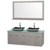 Centra 60 In. Double Vanity in Gray Oak with Green Glass Top with Black Granite Sinks and 58 In. Mirror