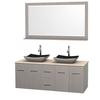Centra 60 In. Double Vanity in Gray Oak with Ivory Marble Top with Black Granite Sinks and 58 In. Mirror