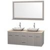 Centra 60 In. Double Vanity in Gray Oak with Ivory Marble Top with White Carrera Sinks and 58 In. Mirror