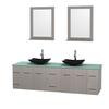 Centra 80 In. Double Vanity in Gray Oak with Green Glass Top with Black Granite Sinks and 24 In. Mirrors