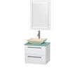 Amare 24 In. Single Glossy White Bathroom Vanity, Green Glass Top, Ivory Marble Sink, 24 In. Mirror