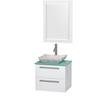 Amare 24 In. Single Glossy White Bathroom Vanity, Green Glass Top, White Carrera Sink, 24 In. Mirror