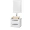 Amare 24 In. Single Glossy White Bathroom Vanity, Solid SurfaceTop, Ivory Marble Sink, 24 In. Mirror