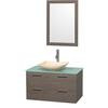 Amare 36 In. Single Grey Oak Bathroom Vanity, Green Glass Top, Ivory Marble Sink, 24 In. Mirror