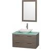Amare 36 In. Single Grey Oak Bathroom Vanity, Green Glass Top, White Carrera Sink, 24 In. Mirror