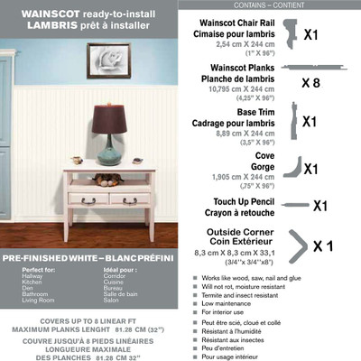 Wainscot Kit - Prefinished Ready to Install - Fauxwood White - Up to 8 Linear Ft. x 36 In. High