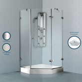 Clear and Chrome Frameless Neo-Angle Shower Enclosure with White Base 42 inch by 42 inch