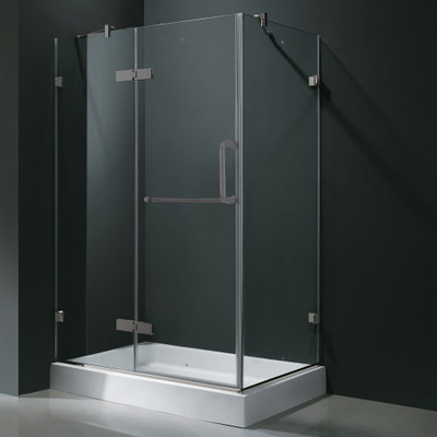 Clear and Brushed Nickel Frameless Shower Enclosure with Left Base 36 inch by 48 inch 3/8 inch glass
