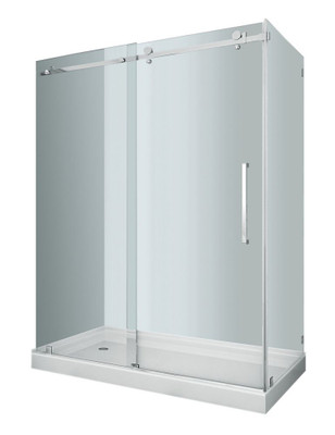 60 In. x 35 In. x 77.5 In. Completely Frameless Sliding Shower Door Enclosure in Chrome with Base, Left Drain