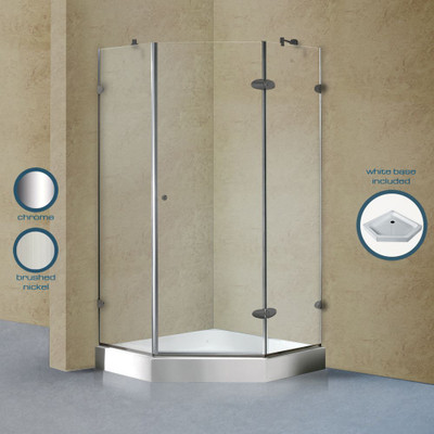 Clear and Brushed Nickel Frameless Neo-Angle Shower Enclosure with White Base 38 inch by 38 inch