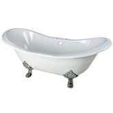 6 Feet  Cast Iron Polished Chrome Claw Foot Double Slipper Tub with 7 Inch Deck Holes in White