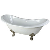 6 Feet  Cast Iron Satin Nickel Claw Foot Double Slipper Tub with 7 Inch Deck Holes in White