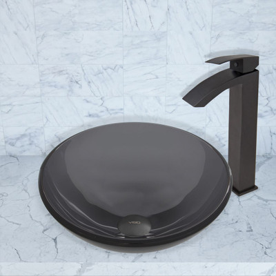 Matte Black Sheer Black Glass Vessel Sink and Duris Faucet Set