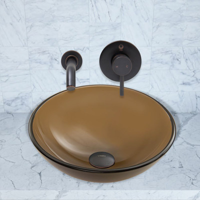Antique Rubbed Bronze Sheer Sepia Frost Glass Vessel Sink and Olus Wall Mount Faucet Set