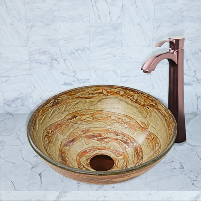 Oil Rubbed Bronze Mocha Swirl Glass Vessel Sink and Otis Faucet Set