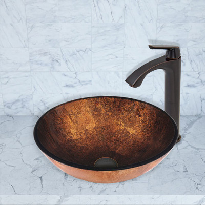Antique Rubbed Bronze Russet Glass Vessel Sink and Linus Faucet Set