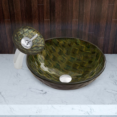 Chrome Amazonia Glass Vessel Sink and Waterfall Faucet Set