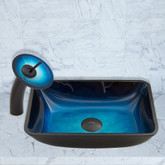 Matte Black Rectangular Turquoise Water Glass Vessel Sink and Waterfall Faucet Set