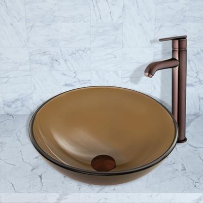 Oil Rubbed Bronze Sheer Sepia Frost Glass Vessel Sink and Seville Faucet Set