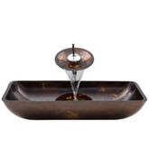 Chrome Rectangular Brown and Gold Fusion Glass Vessel Sink and Waterfall Faucet Set