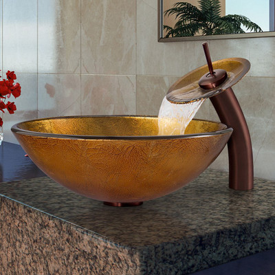 Oil Rubbed Bronze Liquid Gold Glass Vessel Sink and Waterfall Faucet Set