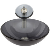 Brushed Nickel Sheer Black Glass Vessel Sink and Waterfall Faucet Set