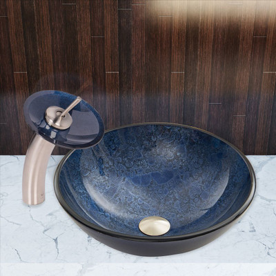 Brushed Nickel Indigo Eclipse Glass Vessel Sink and Waterfall Faucet Set