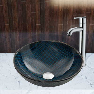 Chrome Blue Matrix Glass Vessel Sink and Seville Faucet Set