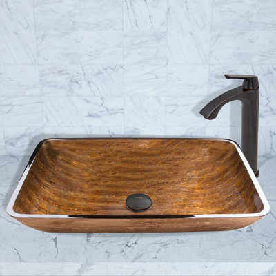 Antique Rubbed Bronze Rectangular Amber Sunset Glass Vessel Sink and Linus Faucet Set