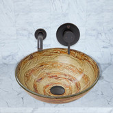 Antique Rubbed Bronze Mocha Swirl Glass Vessel Sink and Olus Wall Mount Faucet Set