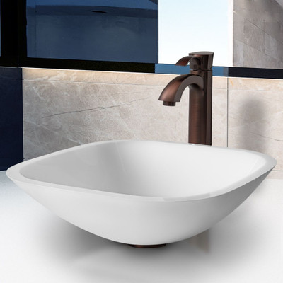 Oil Rubbed Bronze Square Shaped White Phoenix Stone Vessel Sink and Otis Faucet
