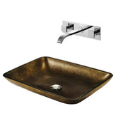 Chrome Rectangular Copper Glass Vessel Sink and Wall Mount Faucet Set