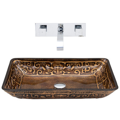 Chrome Rectangular Golden Greek Glass Vessel Sink and Wall Mount Faucet