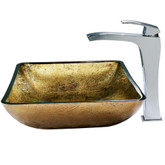 Chrome Rectangular Copper Glass Vessel Sink and Faucet Set