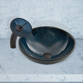 Matte Black Blue Matrix Glass Vessel Sink and Waterfall Faucet Set