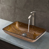 Brushed Nickel Rectangular Amber Sunset Glass Vessel Sink and Otis Faucet Set