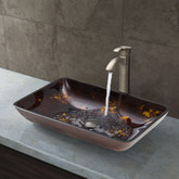 Brushed Nickel Rectangular Brown and Gold Fusion Glass Vessel Sink and Otis Faucet Set