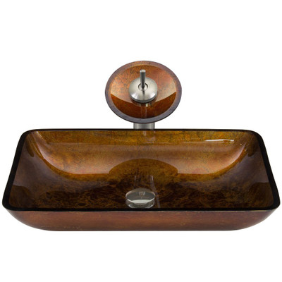 Brushed Nickel Rectangular Russet Glass Vessel Sink and Waterfall Faucet Set