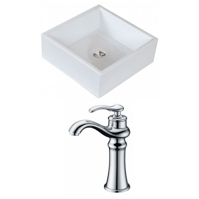 15-Inch W x 15-Inch D Square Vessel Set In White Color With Deck Mount CUPC Faucet