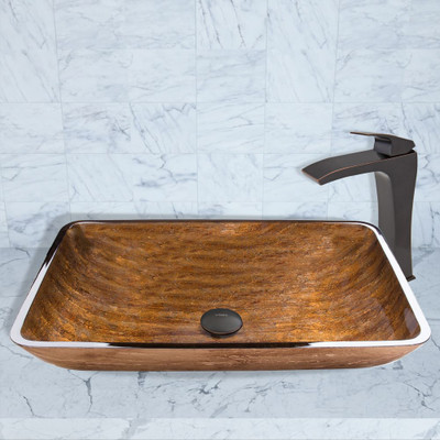 Antique Rubbed Bronze Rectangular Amber Sunset Glass Vessel Sink and Blackstonian Faucet Set