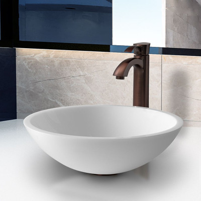 Oil Rubbed Bronze Flat Edged White Phoenix Stone Vessel Sink and Otis Faucet
