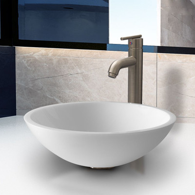 Brushed Nickel Flat Edged White Phoenix Stone Vessel Sink with Seville Faucet
