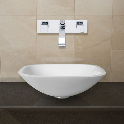 Chrome Square Shaped White Phoenix Stone Vessel Sink with Titus Wall Mount Faucet
