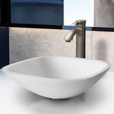Brushed Nickel Square Shaped White Phoenix Stone Vessel Sink and Otis Faucet