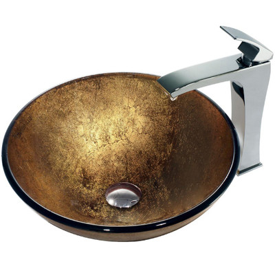 Chrome Liquid Gold Glass Vessel Sink and Faucet Set