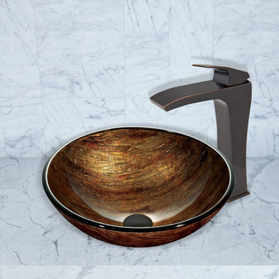 Antique Rubbed Bronze Amber Sunset Glass Vessel Sink and Blackstonian Faucet Set